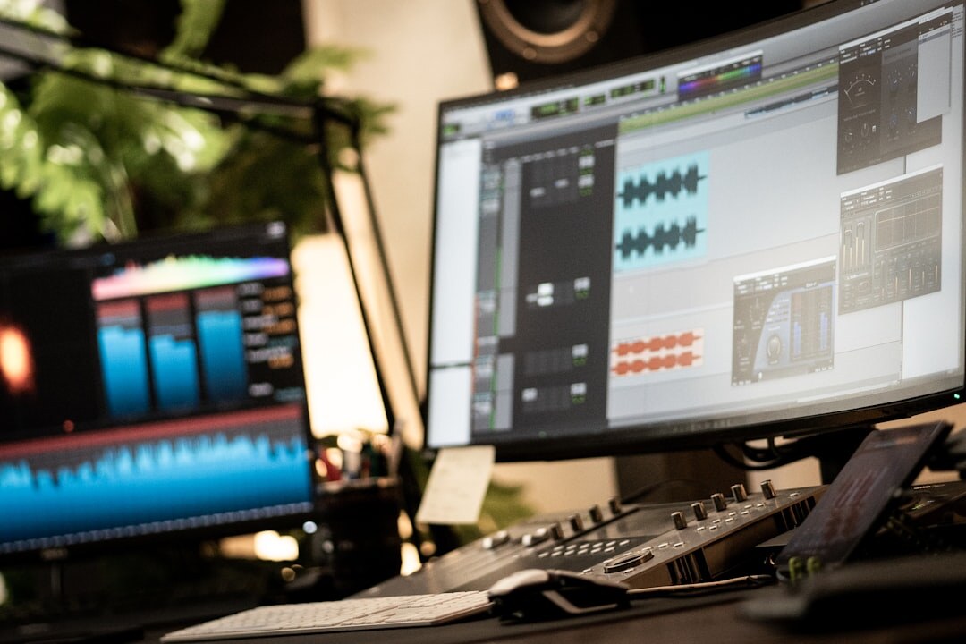 Broadcast control room with multiple monitors and mixing desk